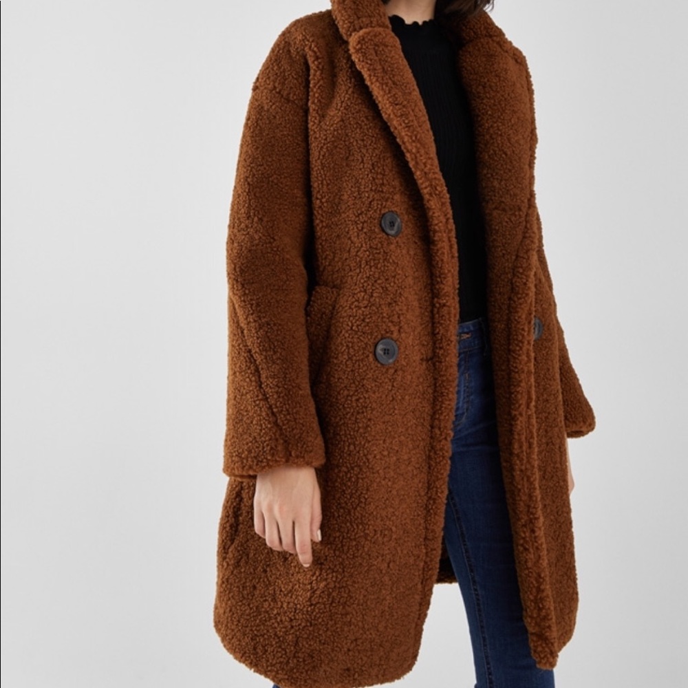 Long double breasted faux shearling teddy coat